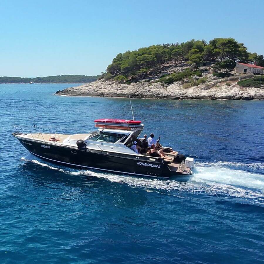 departing from Hvar and passing by Galešnik islet, part of the Pakleni Islands, surrounded by calm sea and Mediterranean scenery.
